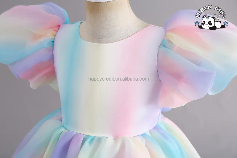 LEZONKIDS - Vestido Chique de Manga Bufante com Cores Arco-íris nas Costas para Meninas com Faixa de Laço na Cintura